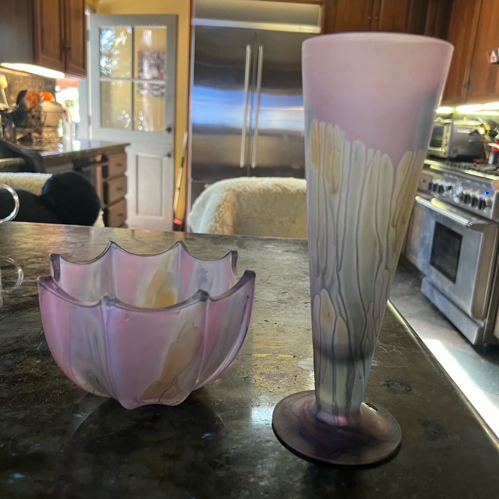 Vintage Rueven Frosted Glass in Variegated Colors Vase and Fluted Bowl
